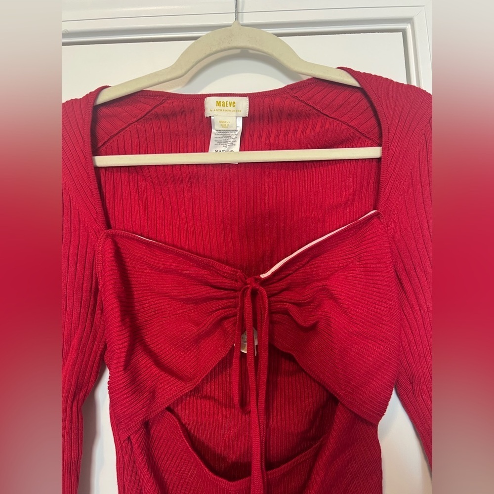 Anthropologie Maeve Bow Front Cutout Ribbed Top Red Long Sleeve - Picture 3 of 8